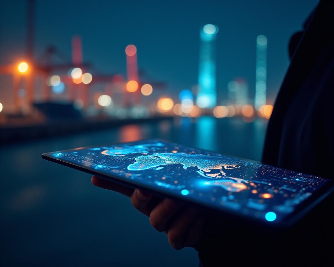 Digital interface showing global shipping routes and data connection points